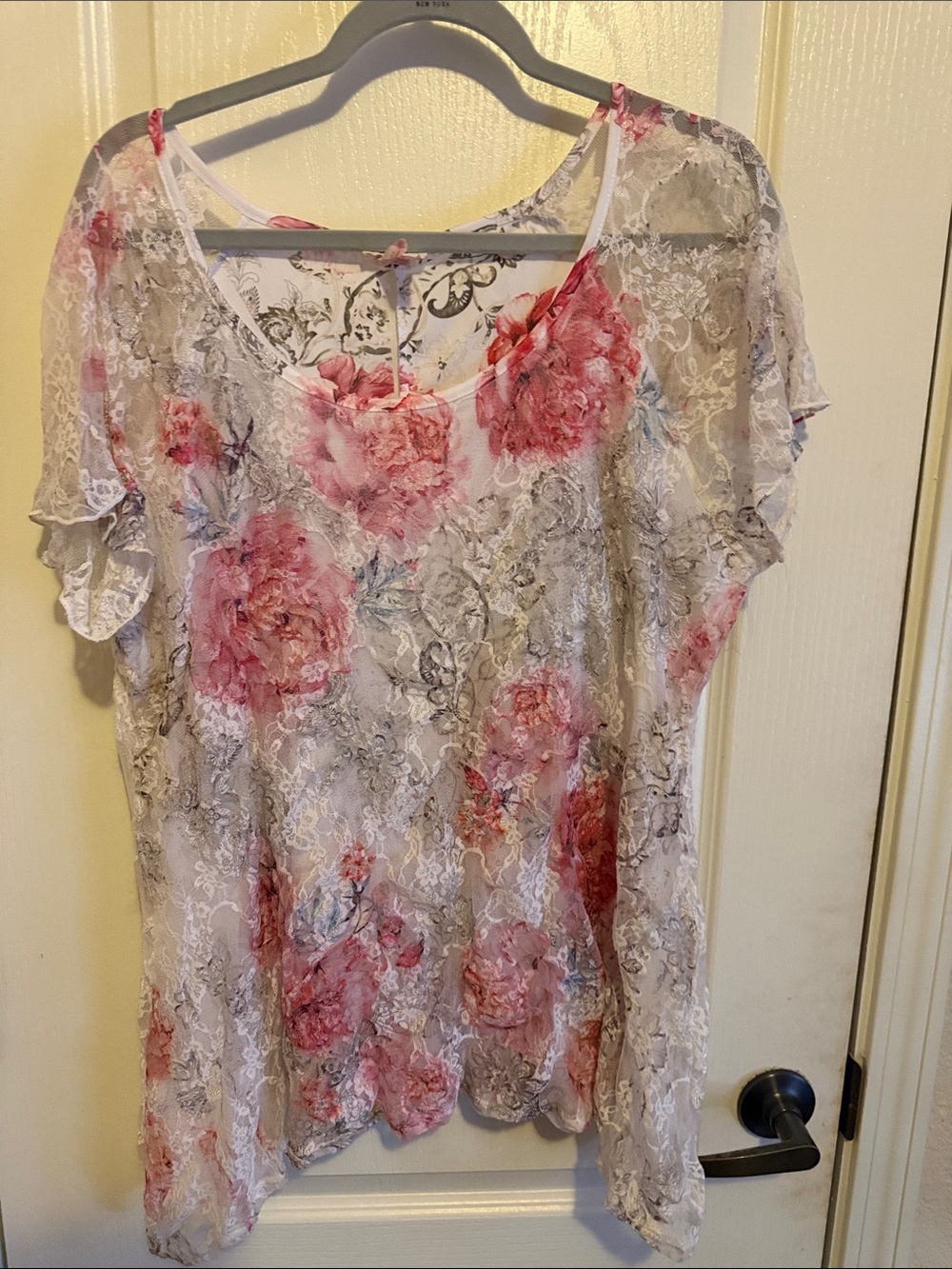 Brittany Black White Lace Overlay Tunic with Pink Floral Print